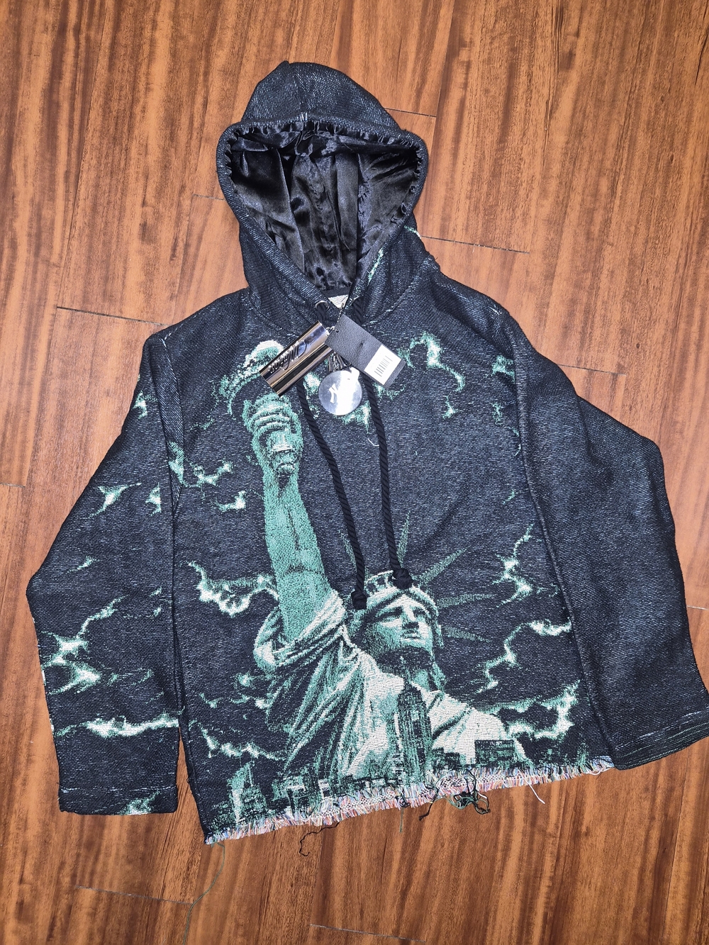 Men's Black Hoodie Sweater with Green Statue of Liberty Graphic